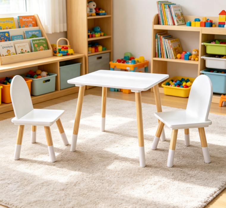 White 3-Piece Table and Chairs Set, Suitable for Playroom, Nursery or Classroom